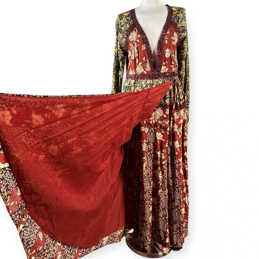 NWT FREE PEOPLE TILDA FLORAL PATCHWORK MAXI DRESS BOHO WRAP BELL SLEEVES SIZE L